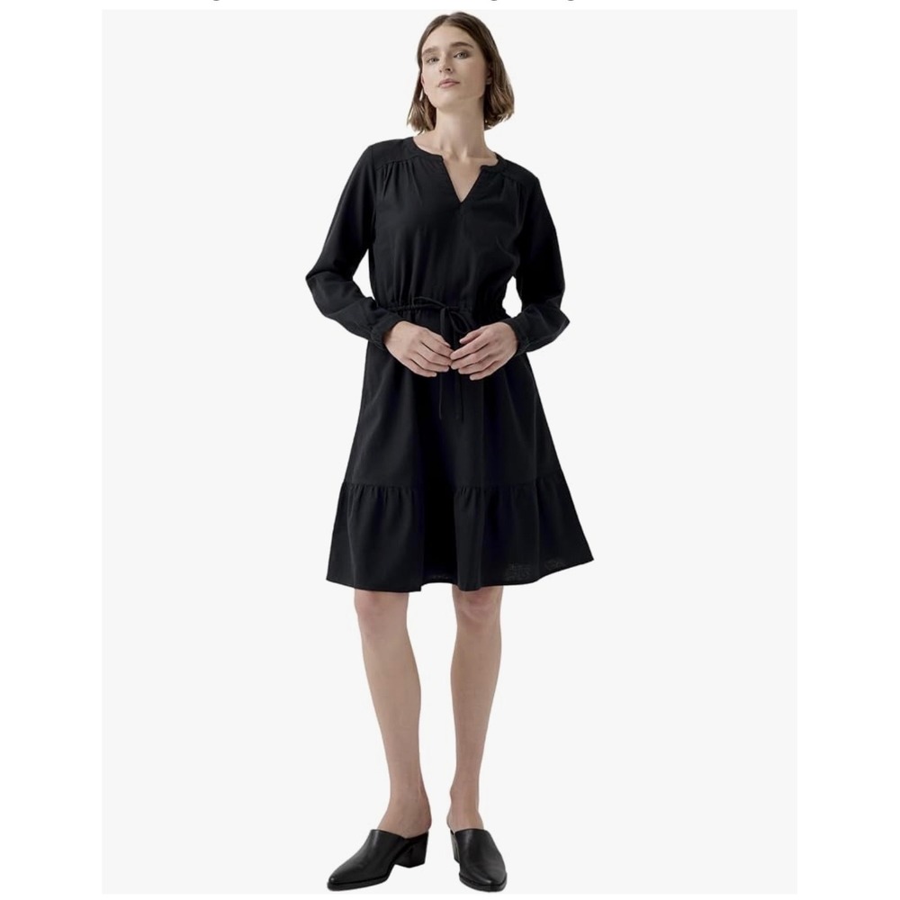 Pact Organic Cotton Casual Dress LRG Blk Tiered Long Sleeve NWT Tie Waist Boho